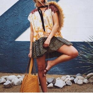 Boho Mixed-Print Summer Tunic Dress in Mustard & Olive